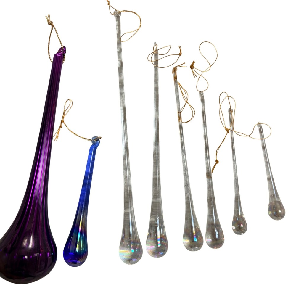 Vintage Hand Blown Glass Icicle Ornaments Purple Blue Iridescent Clear Set of 8